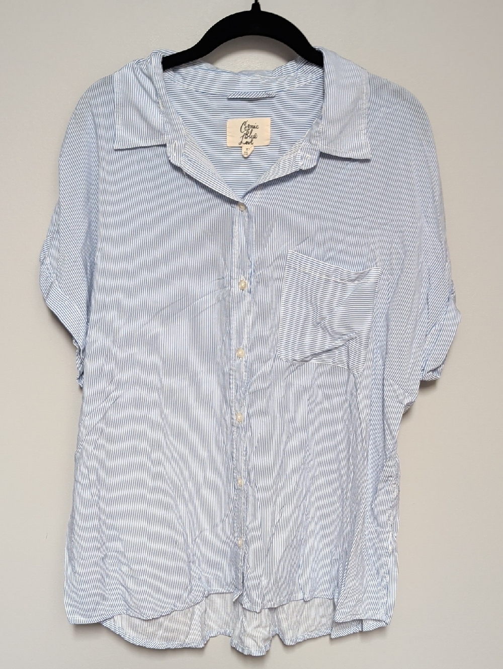 Relaxed Light Blue Striped Button-Front Blouse by Cosmic Blue Love